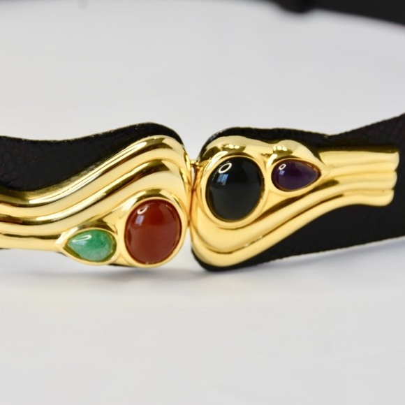 Judith Leiber Embossed Black Snake Print Leather Belt w/Jeweled Cabochon Buckle - Picture 7 of 7